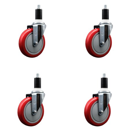 Service Caster 5'' SS Red Poly Wheel Swivel 1-3/8'' Expanding Stem Caster Set, 4PK SCC-SSEX20S514-PPUB-RED-138-4